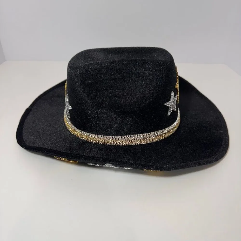 Cowgirl Hat Rhinestone-Embellished Stars Black Cowboy Hat Gold Silver | Women - Picture 5 of 14